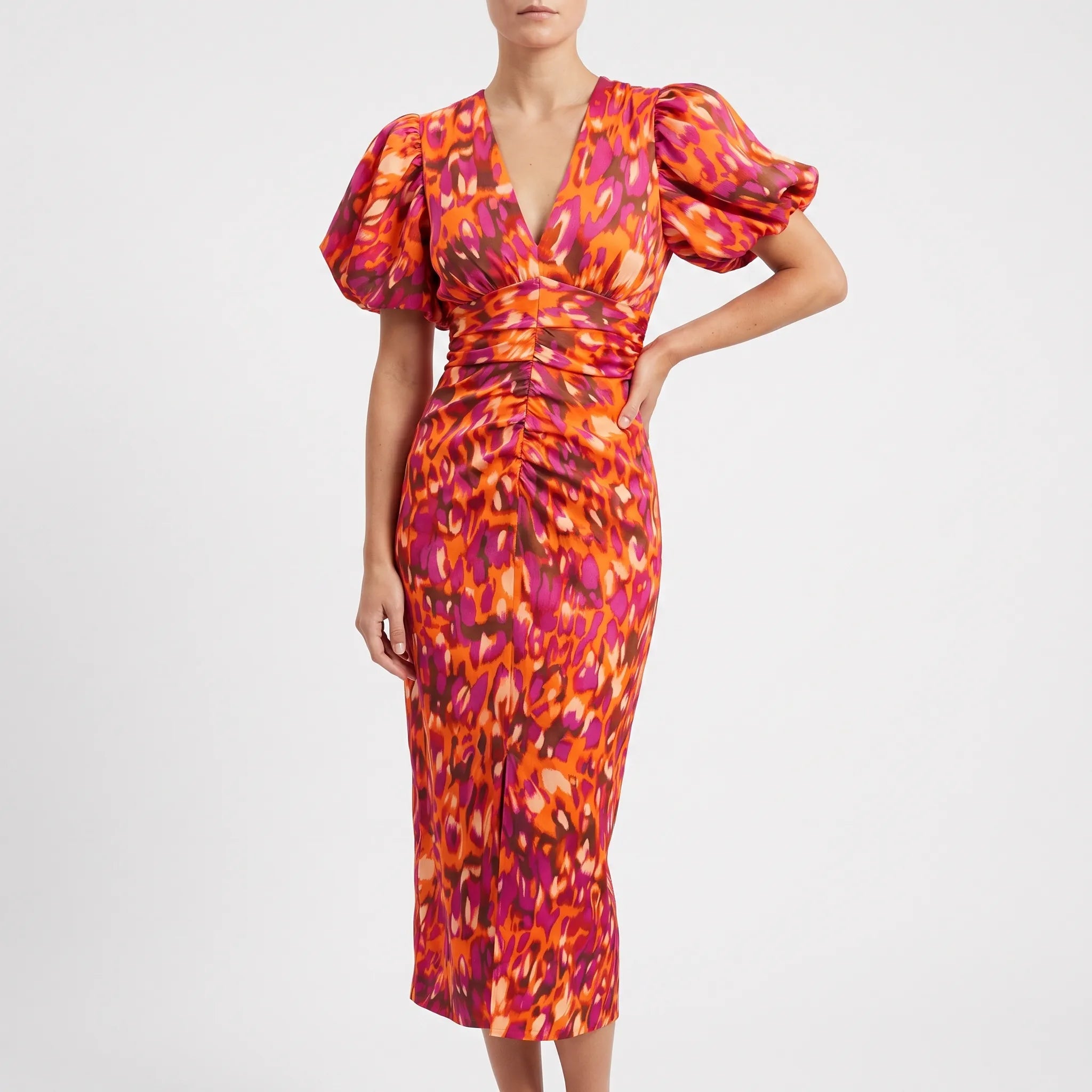 Sculptura - V-Neck Puff Sleeve Midi Dress Wedding Guest Attire