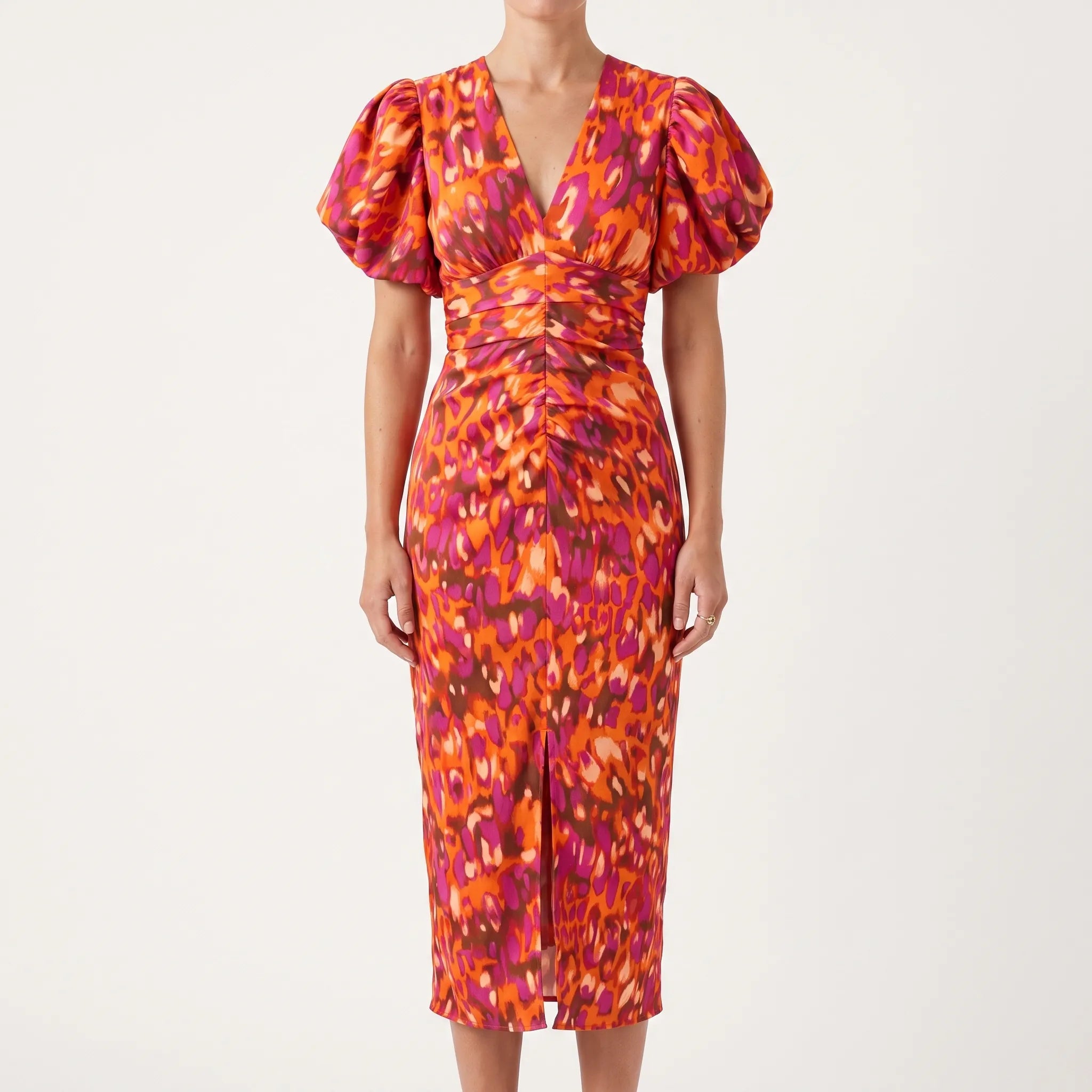 Sculptura - V-Neck Puff Sleeve Midi Dress Wedding Guest Attire