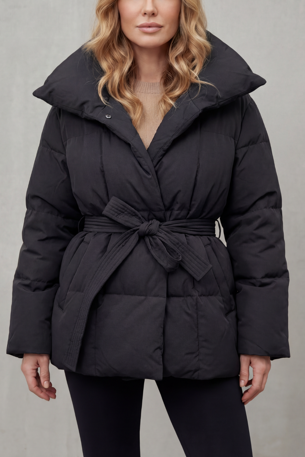 Puffer Coat Women's Belted Style with Oversized Collar — view 6 of 6