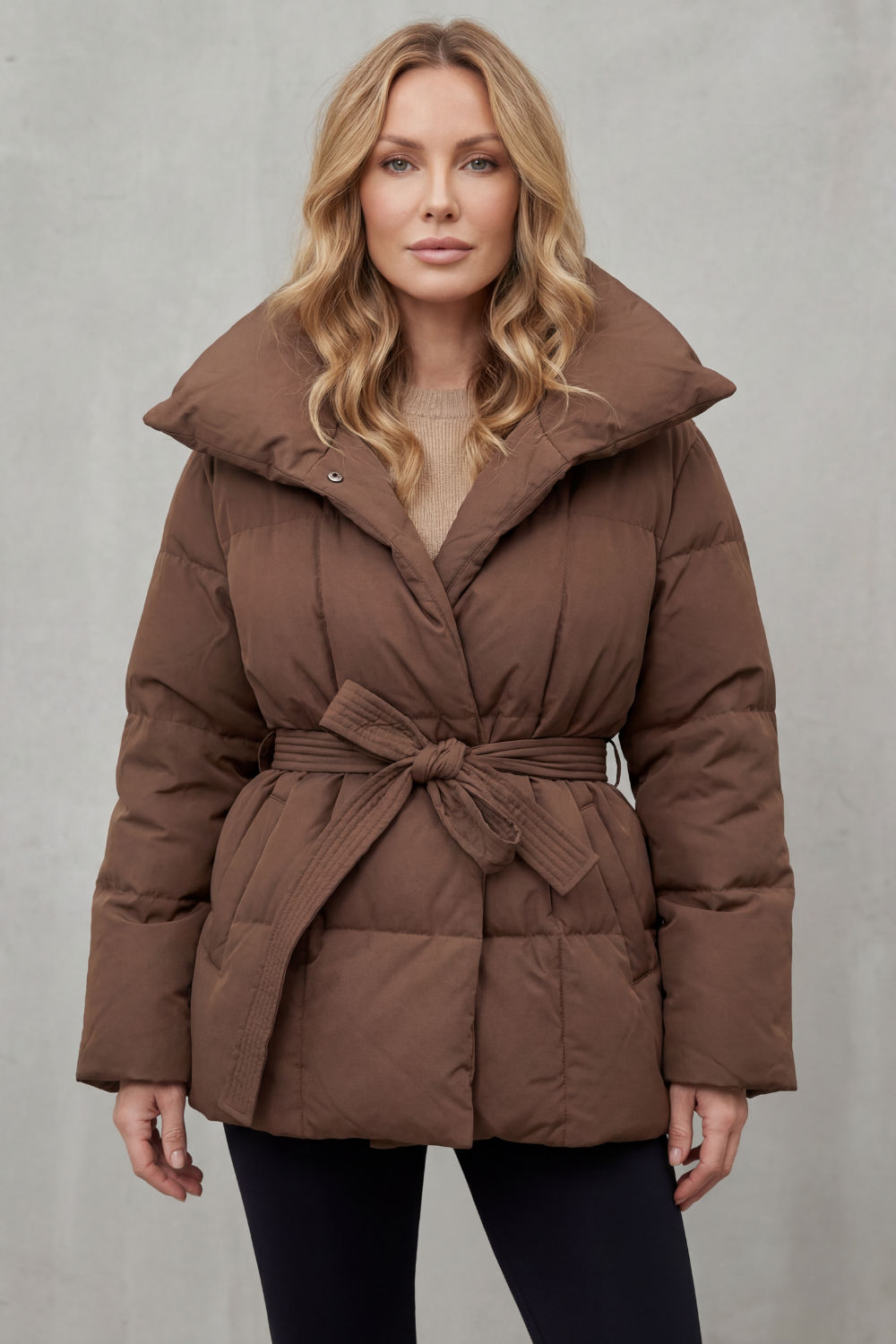 Puffer Coat Women's Belted Style with Oversized Collar — view 2 of 6