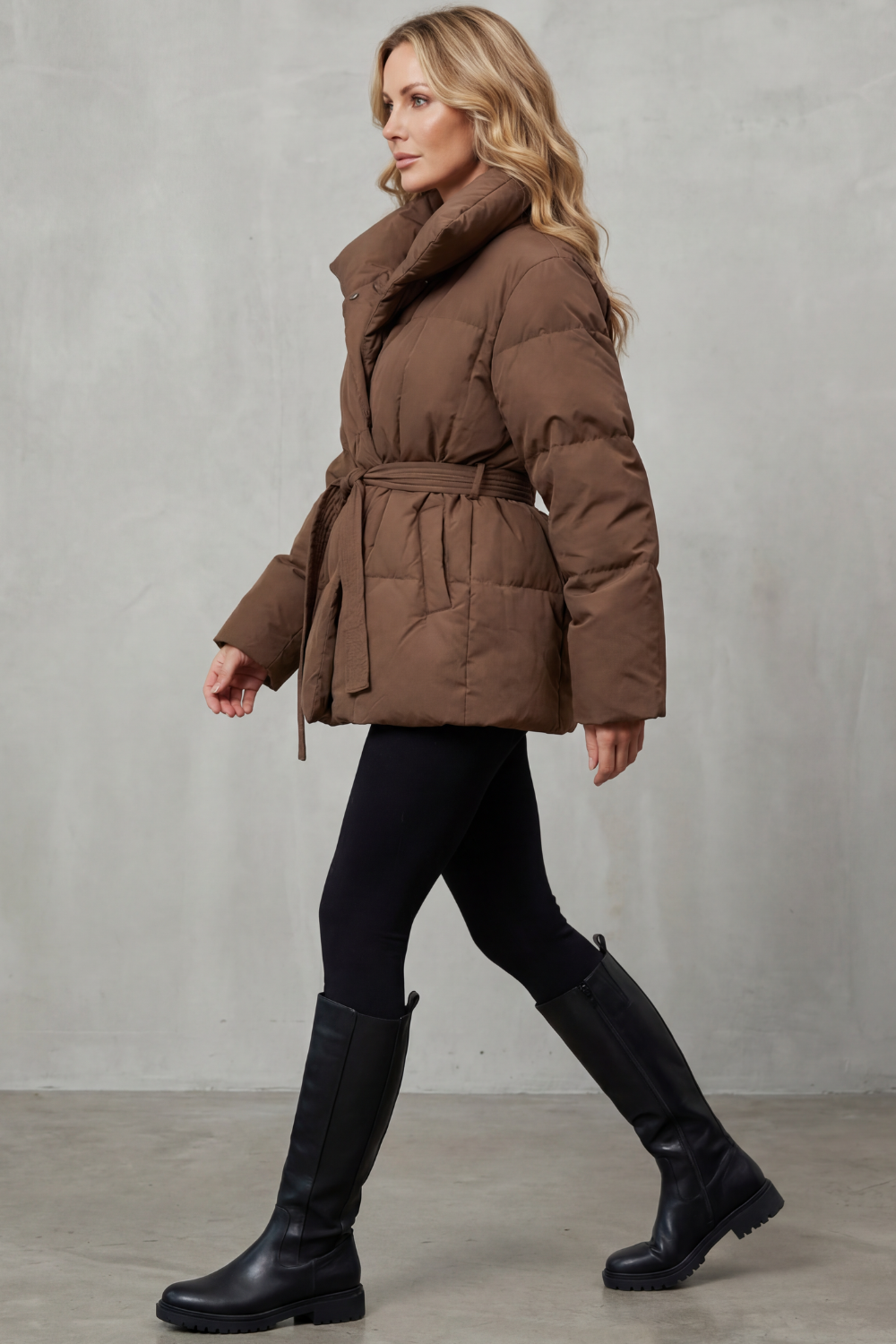 Puffer Coat Women's Belted Style with Oversized Collar — view 4 of 6