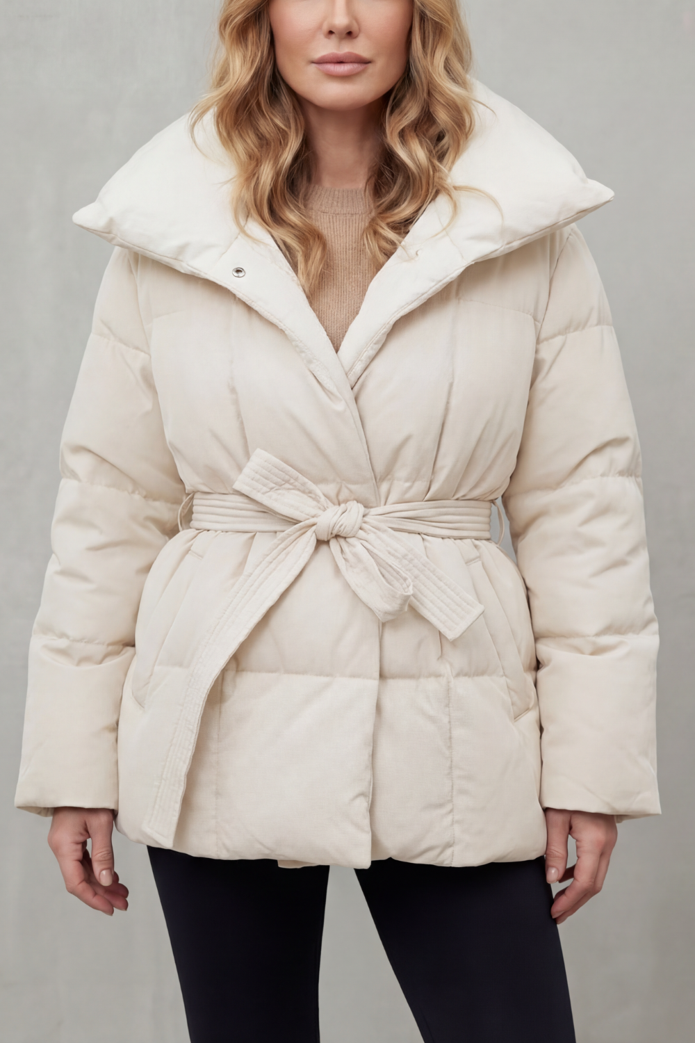 Puffer Coat Women's Belted Style with Oversized Collar — view 5 of 6