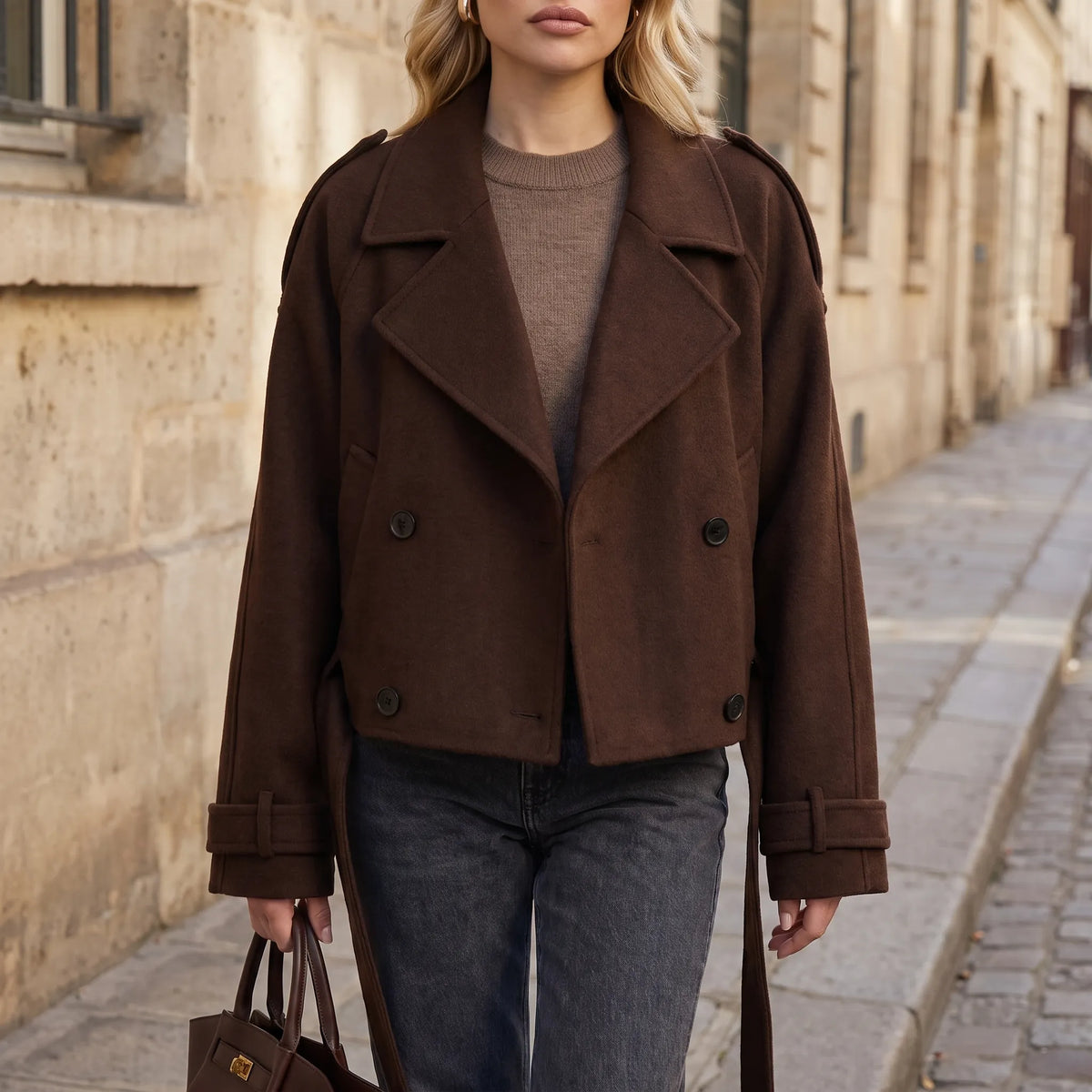 Vellira - Cropped Double-Breasted Winter Jacket Cool Weather Layering