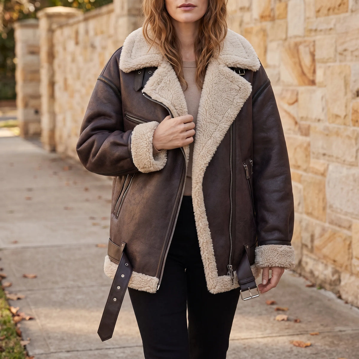 Veloria - Asymmetric Zip Aviator Jacket Cold Weather Layering