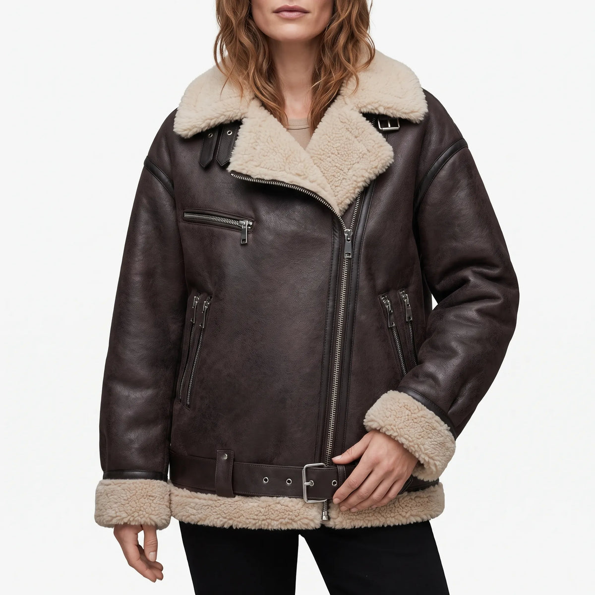 Veloria - Asymmetric Zip Aviator Jacket Cold Weather Layering