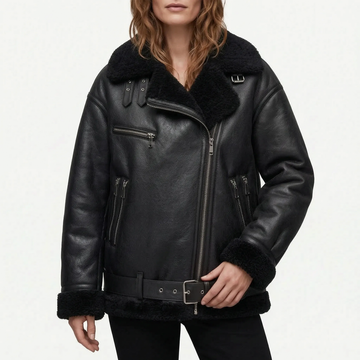 Veloria - Asymmetric Zip Aviator Jacket Cold Weather Layering