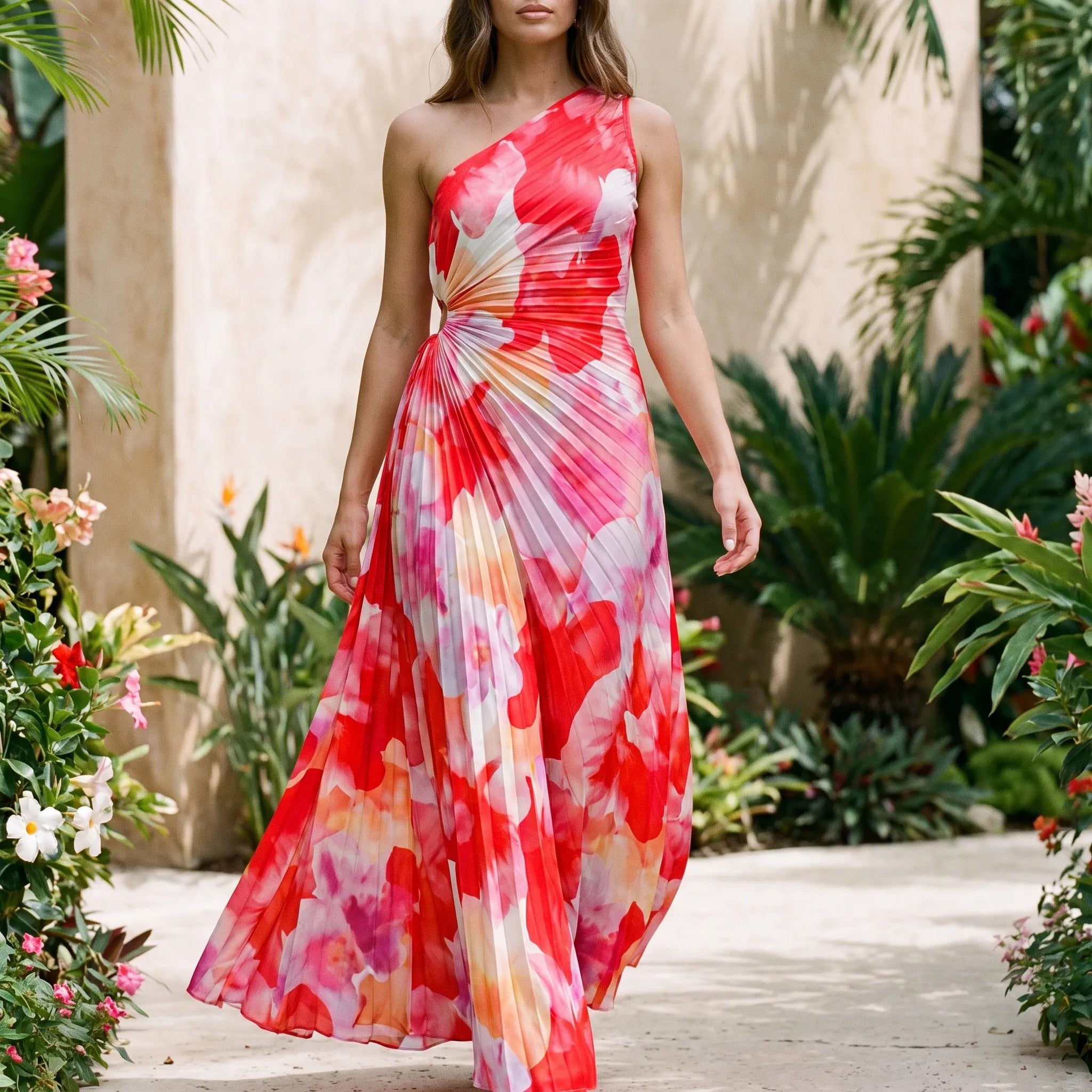 Vespera - One-Shoulder Pleated Floral Maxi Dress Summer Holiday Evenings