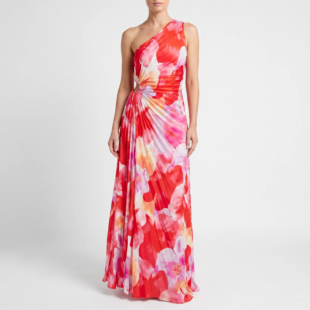 Vespera - One-Shoulder Pleated Floral Maxi Dress Summer Holiday Evenings