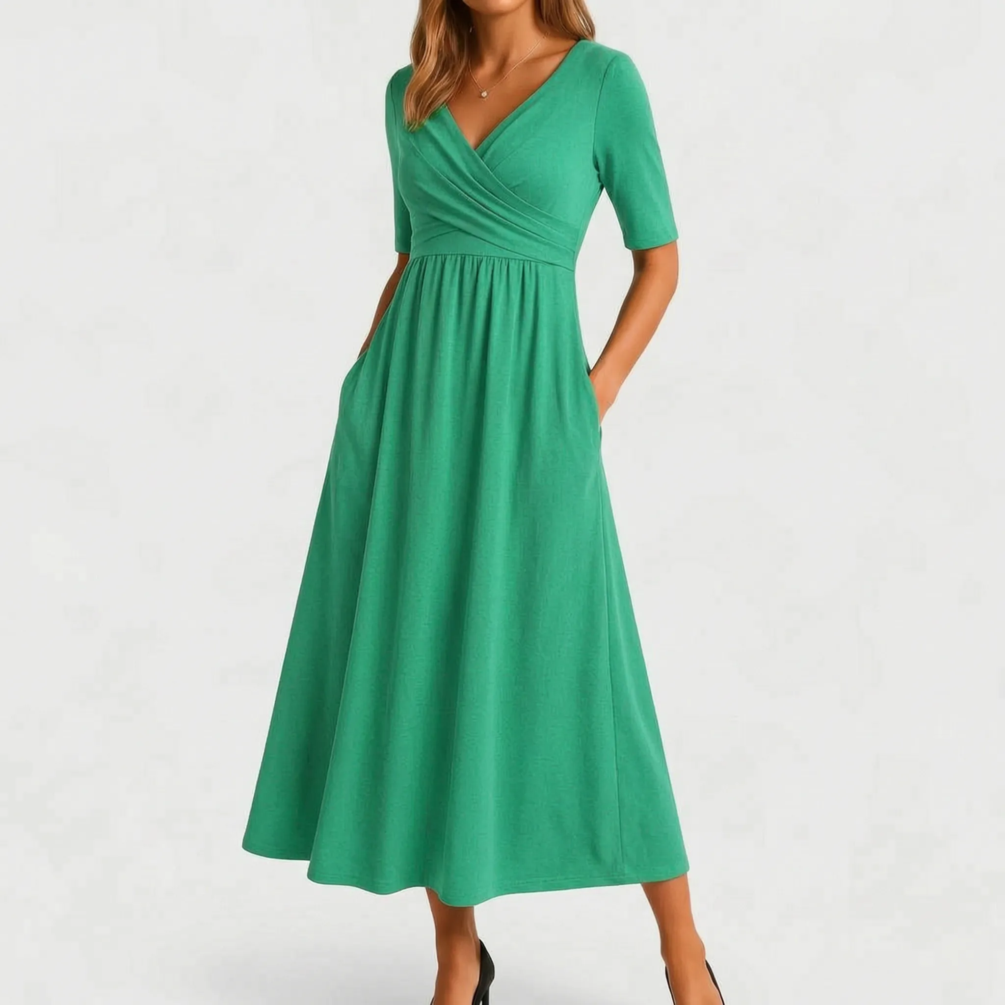 Vespiria  - Short-Sleeve Black Midi Dress Office Wear