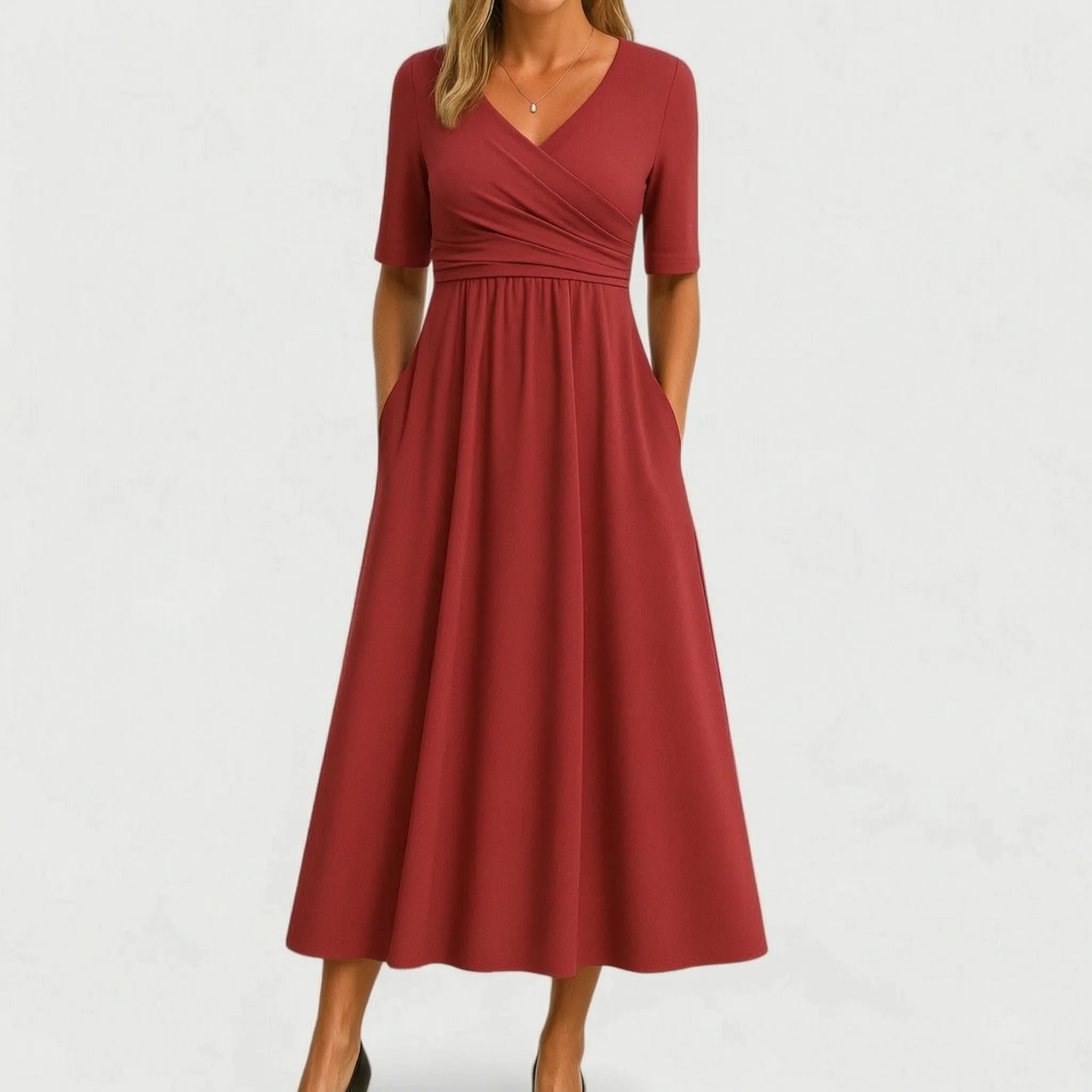 Vespiria  - Short-Sleeve Black Midi Dress Office Wear