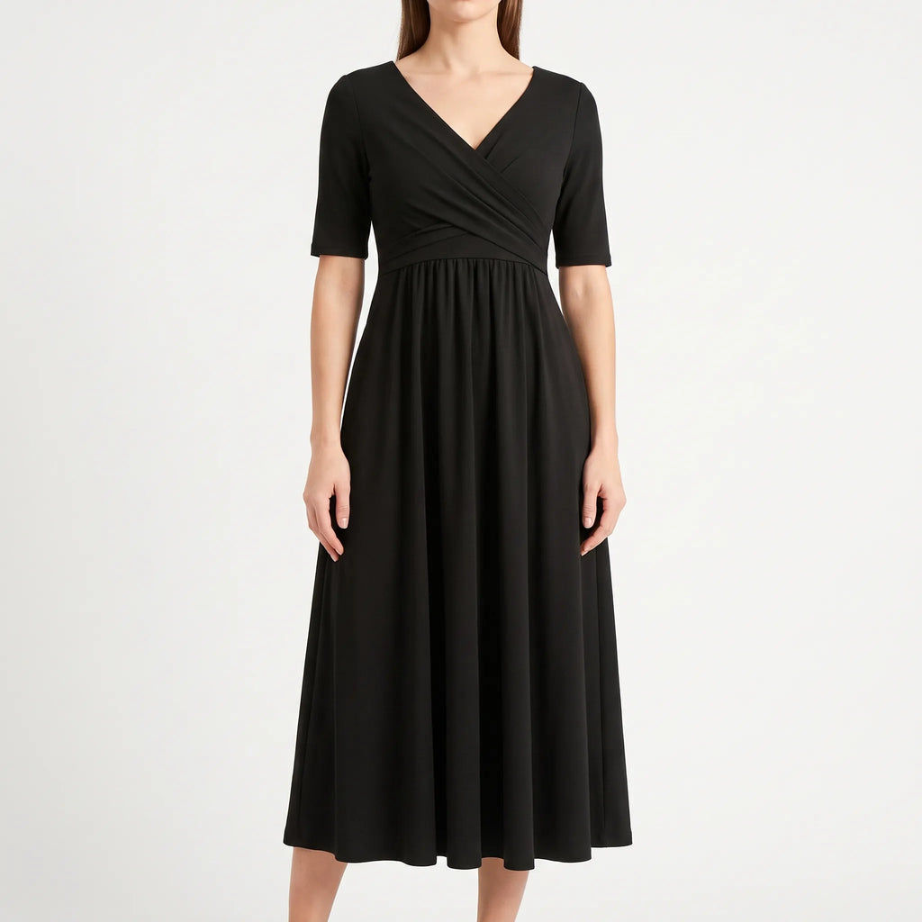 Vespiria  - Short-Sleeve Black Midi Dress Office Wear