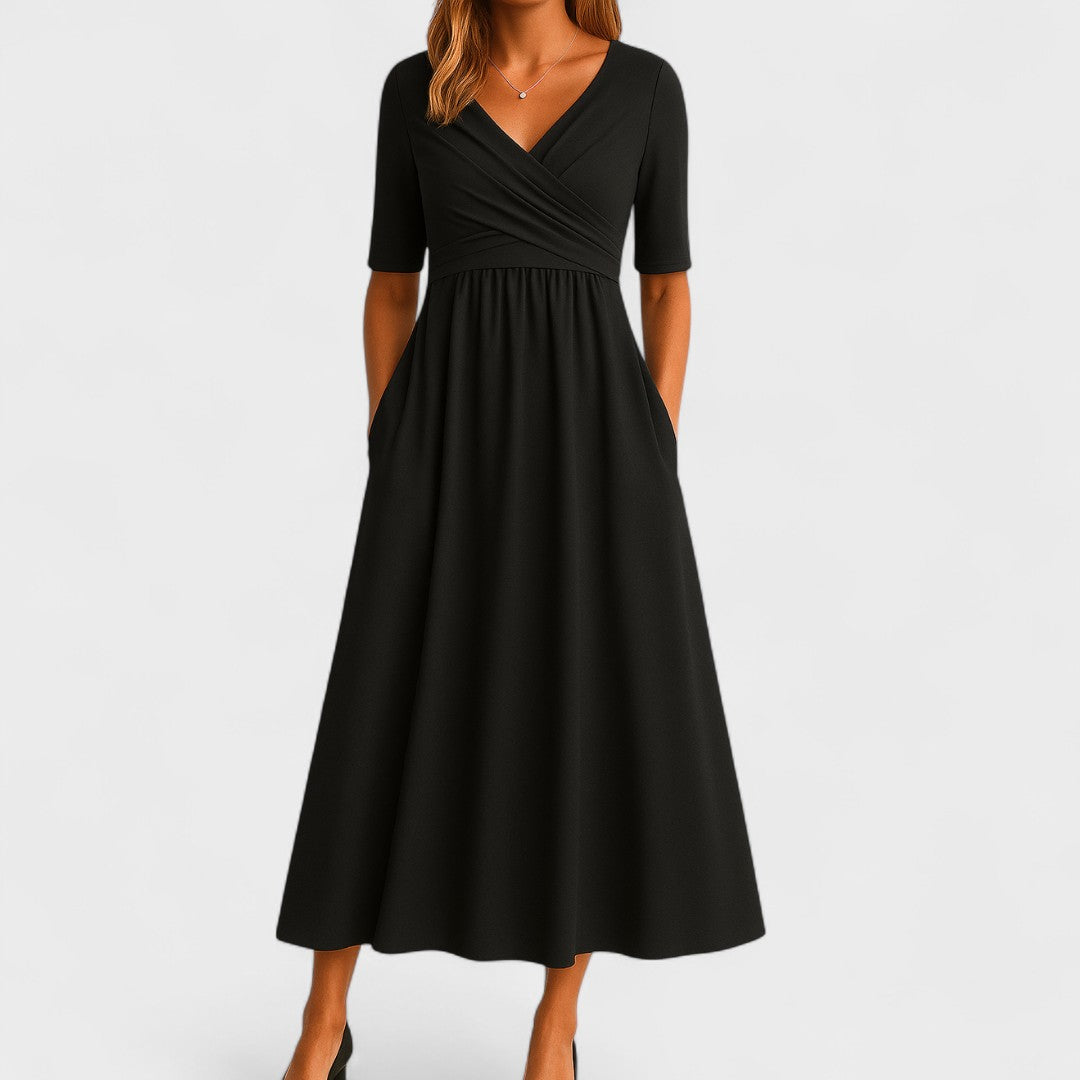 Vespiria  - Short-Sleeve Black Midi Dress Office Wear