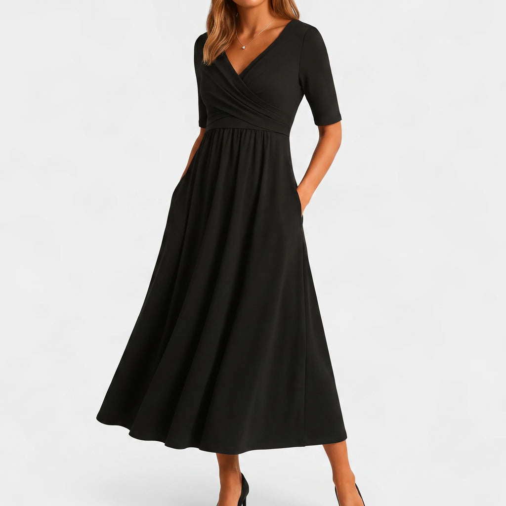 Vespiria  - Short-Sleeve Black Midi Dress Office Wear
