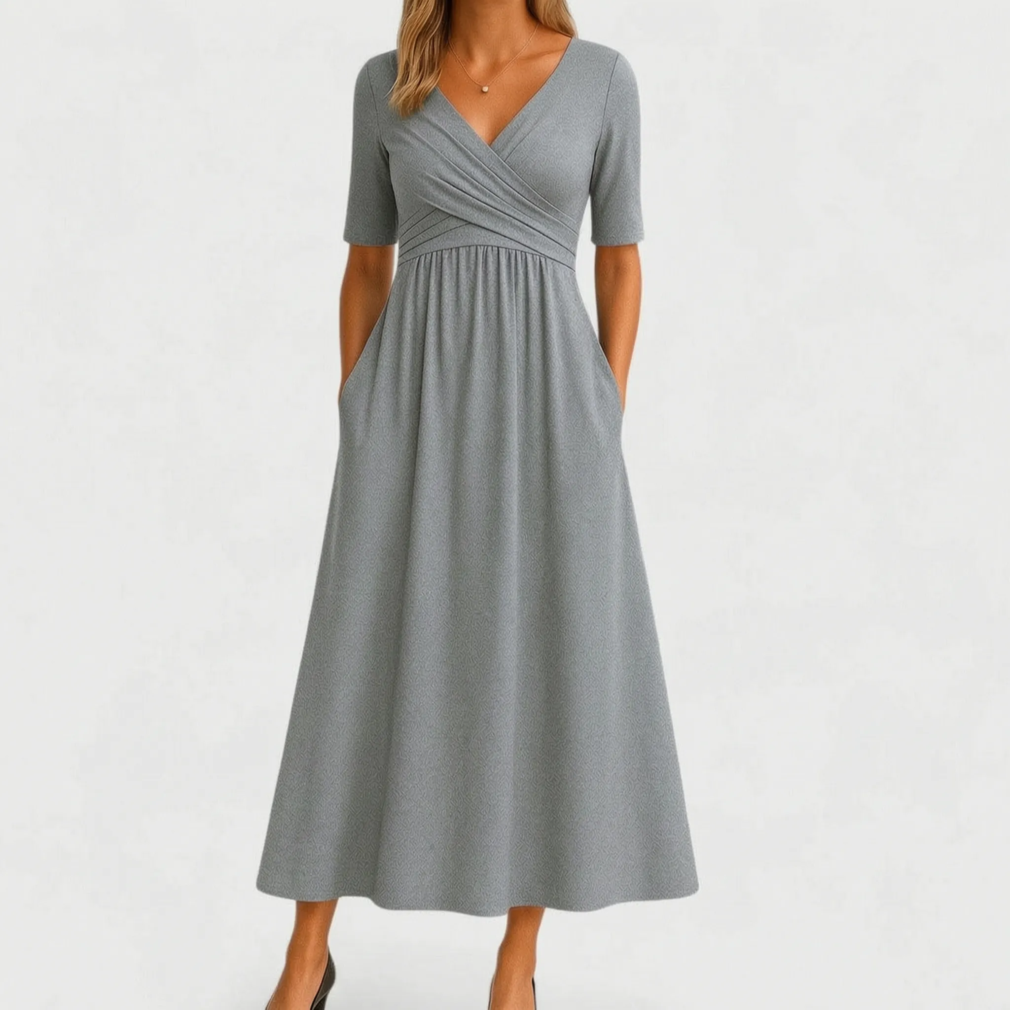 Vespiria  - Short-Sleeve Black Midi Dress Office Wear