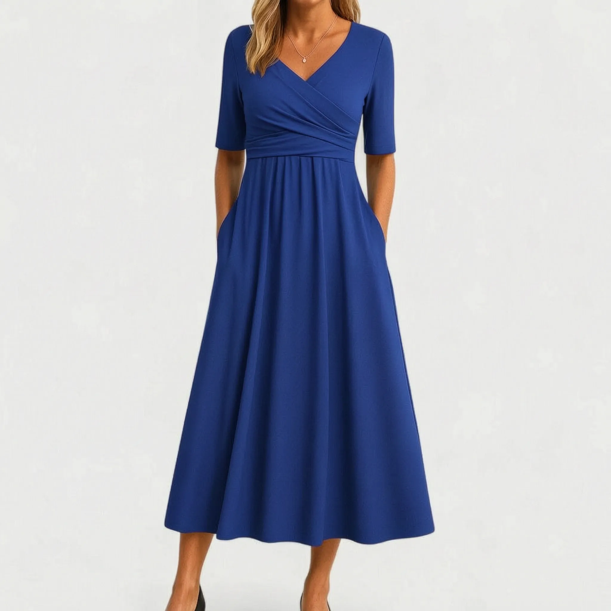 Vespiria  - Short-Sleeve Black Midi Dress Office Wear