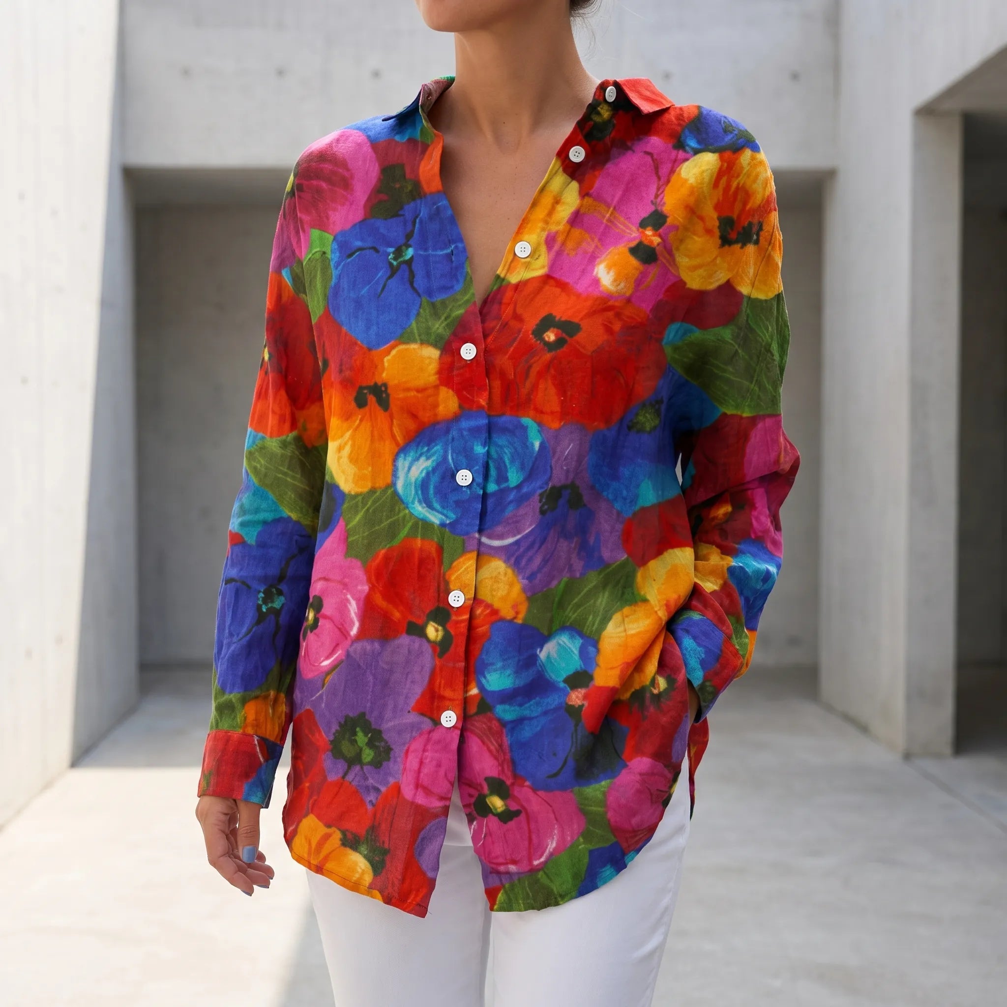 VibrantDrape - Oversized Button Down Blouse Casual Outings
