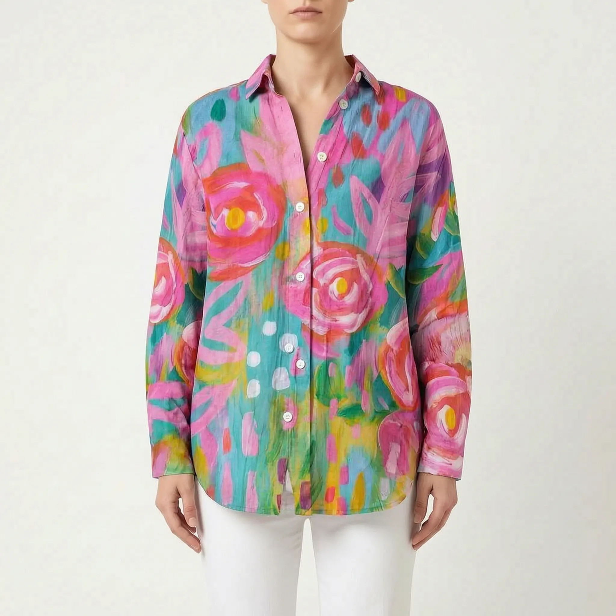 VibrantDrape - Oversized Button Down Blouse Casual Outings