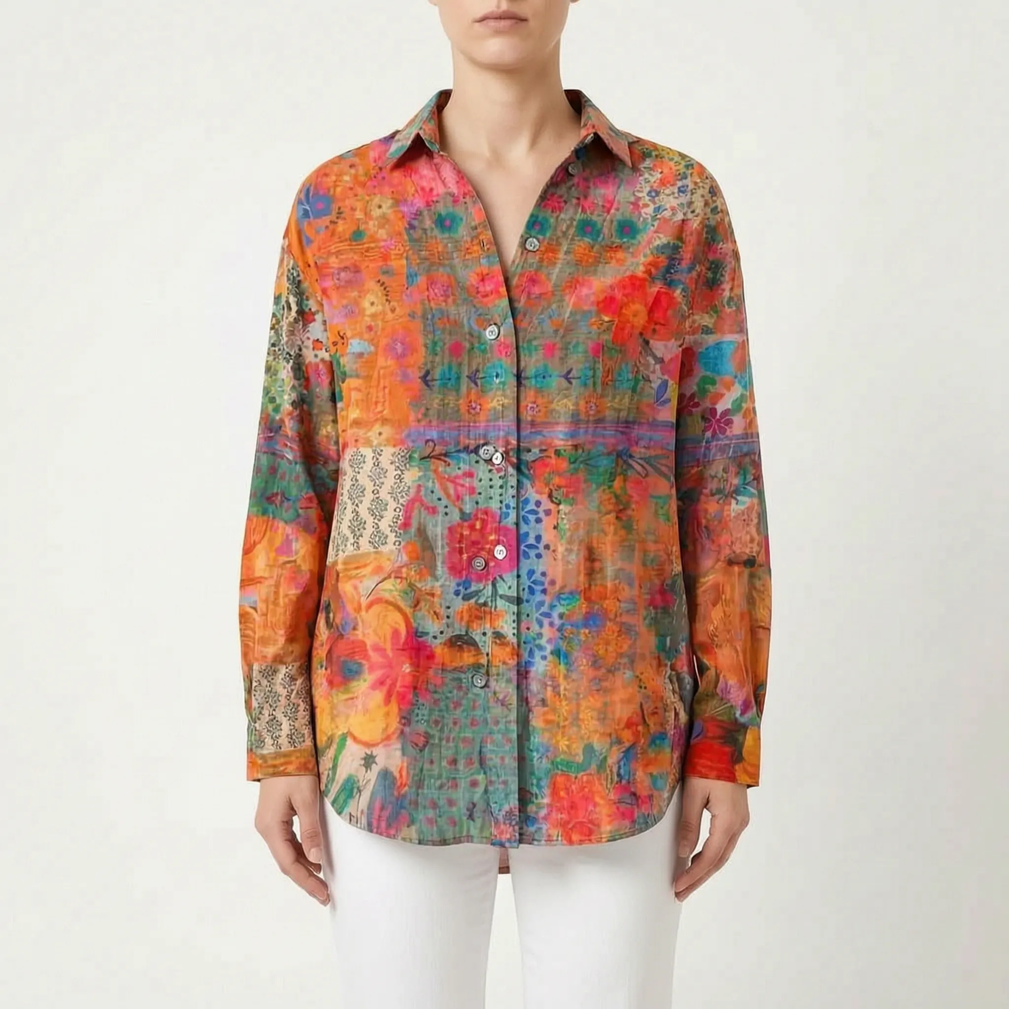VibrantDrape - Oversized Button Down Blouse Casual Outings