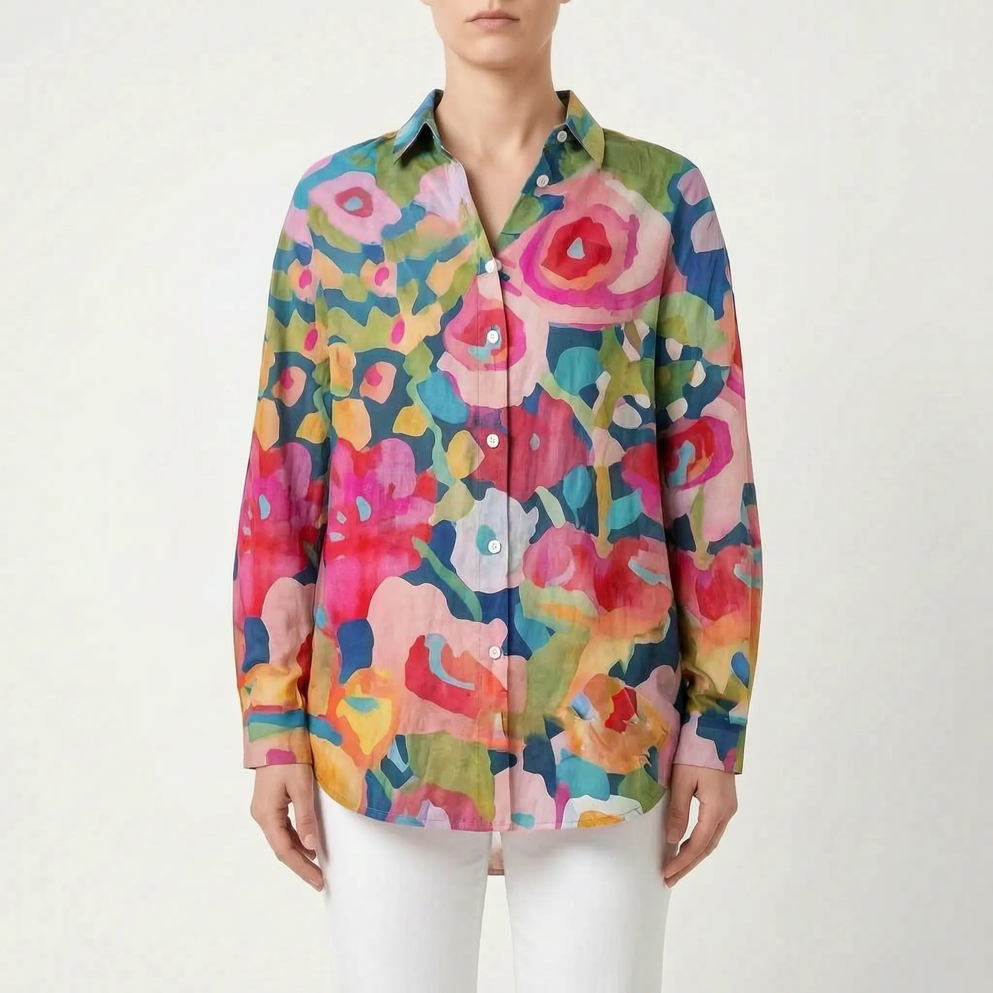 VibrantDrape - Oversized Button Down Blouse Casual Outings