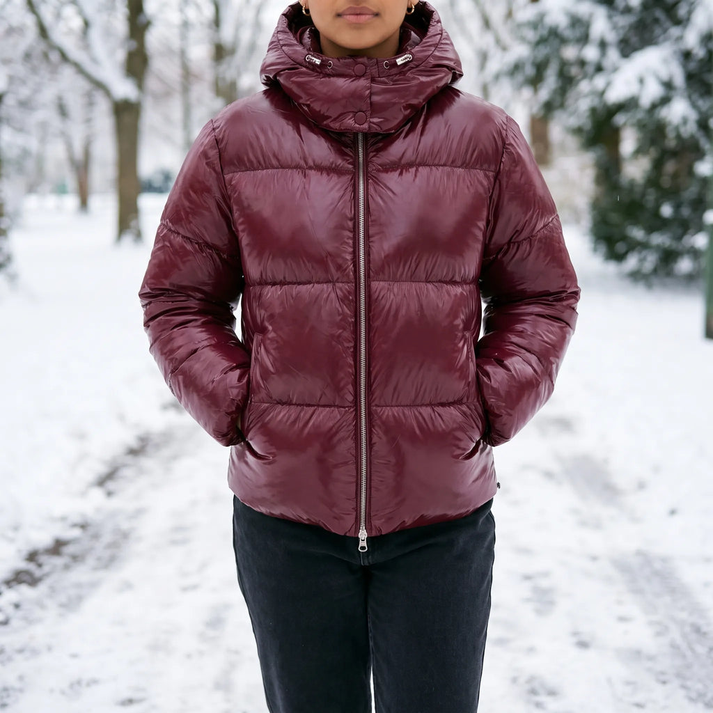 Zellara - Glossy Hooded Ladies Puffer Jacket Daily Commuting