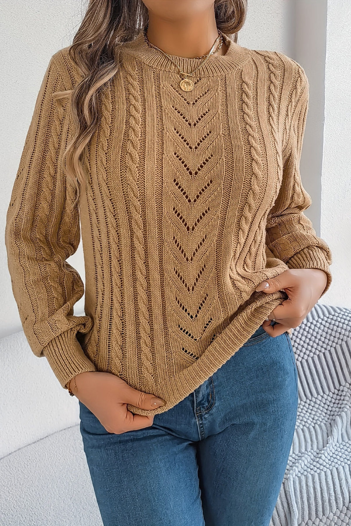 Amabel - Openwork Cable Knit Sweater Transitional Wear
