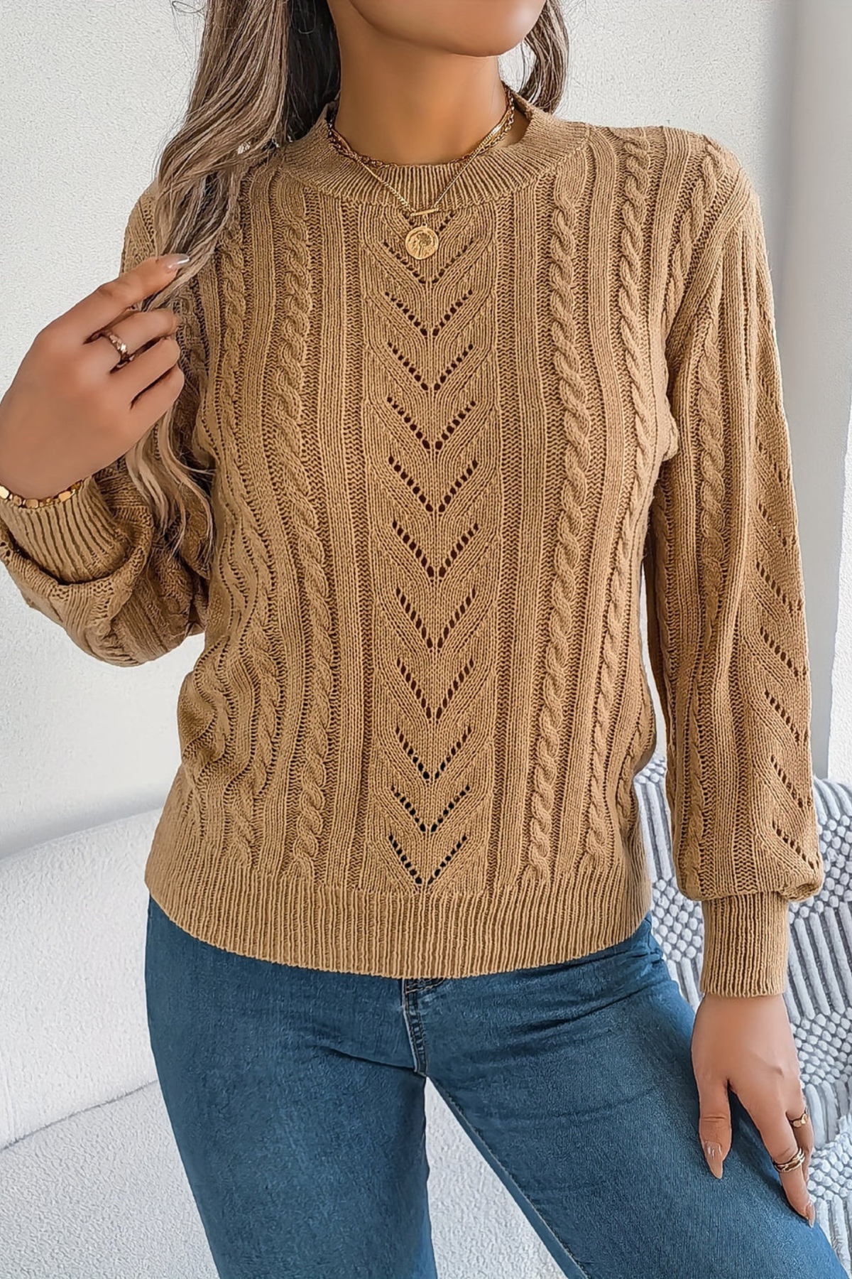 Amabel - Openwork Cable Knit Sweater Transitional Wear — view 2 of 6