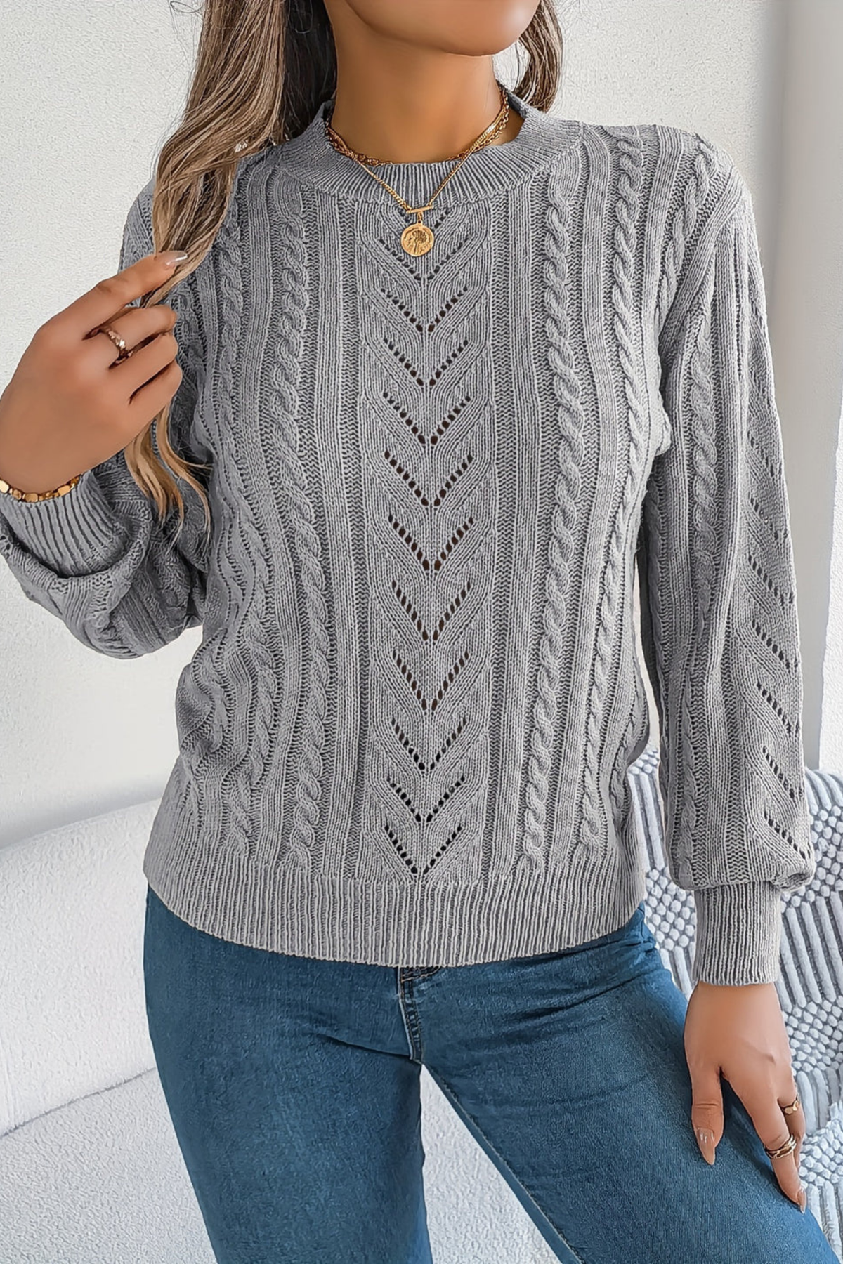 Amabel - Openwork Cable Knit Sweater Transitional Wear — view 5 of 6