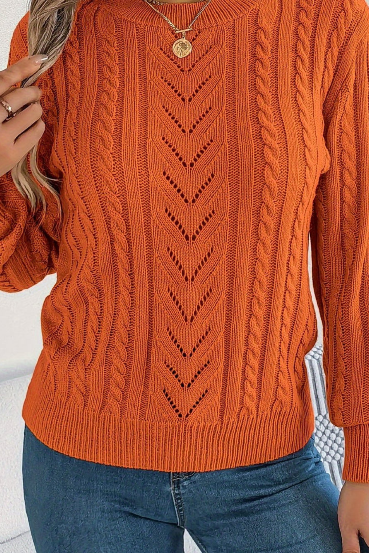 Amabel - Openwork Cable Knit Sweater Transitional Wear — view 6 of 6