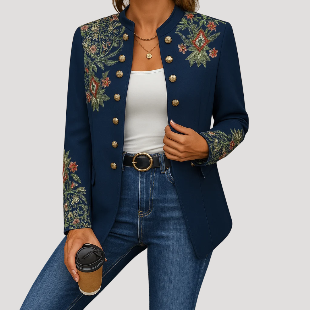 Brocelle - Embroidered Button Front Jacket Cooler Weather Layering