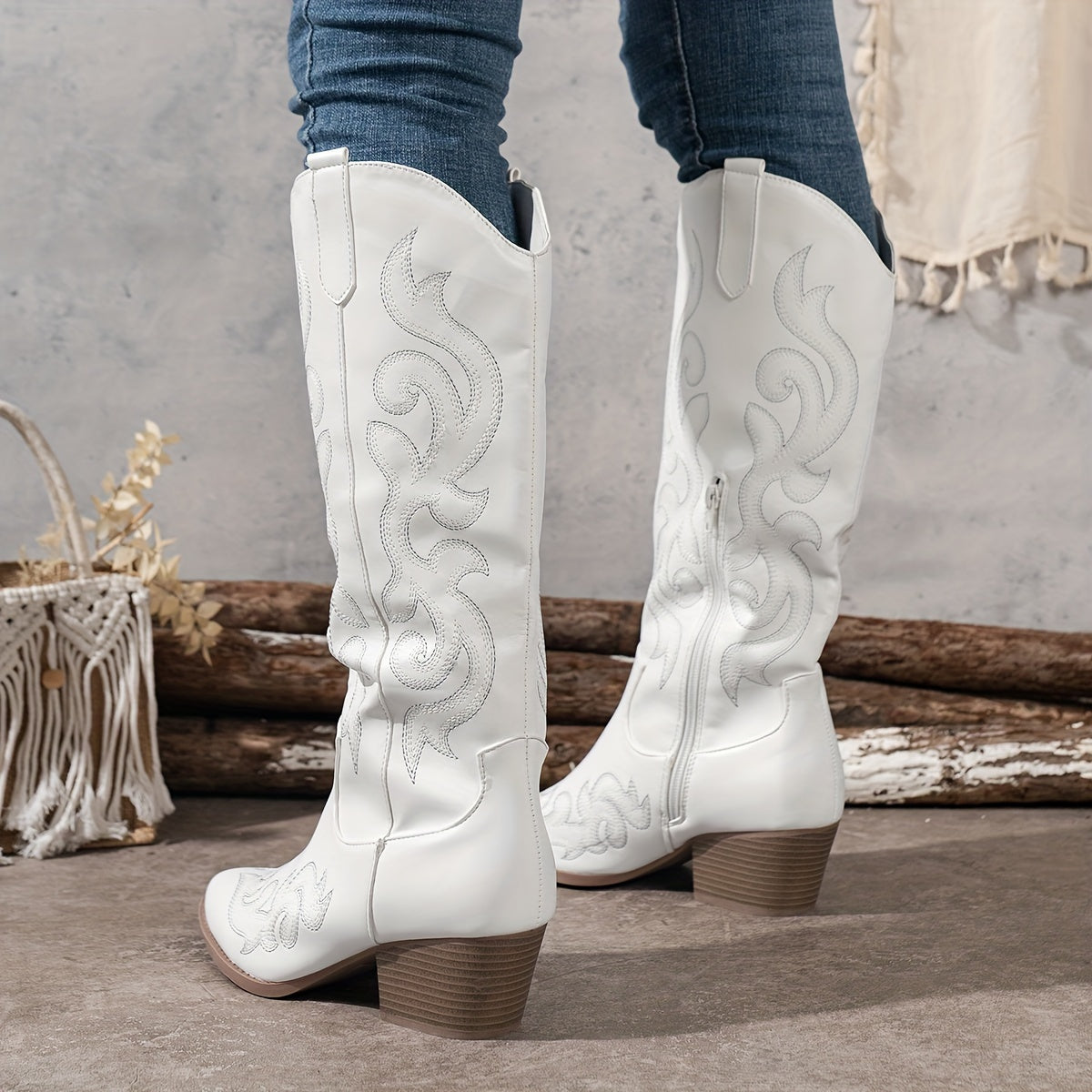 Ravella - Knee High Western Cowboy Boots Block Heel