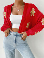 Christmas Cardigan Cropped Knit Gingerbread Open Front Ribbed Cuffs