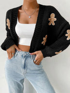 Christmas Cardigan Cropped Knit Gingerbread Open Front Ribbed Cuffs — view 4 of 8