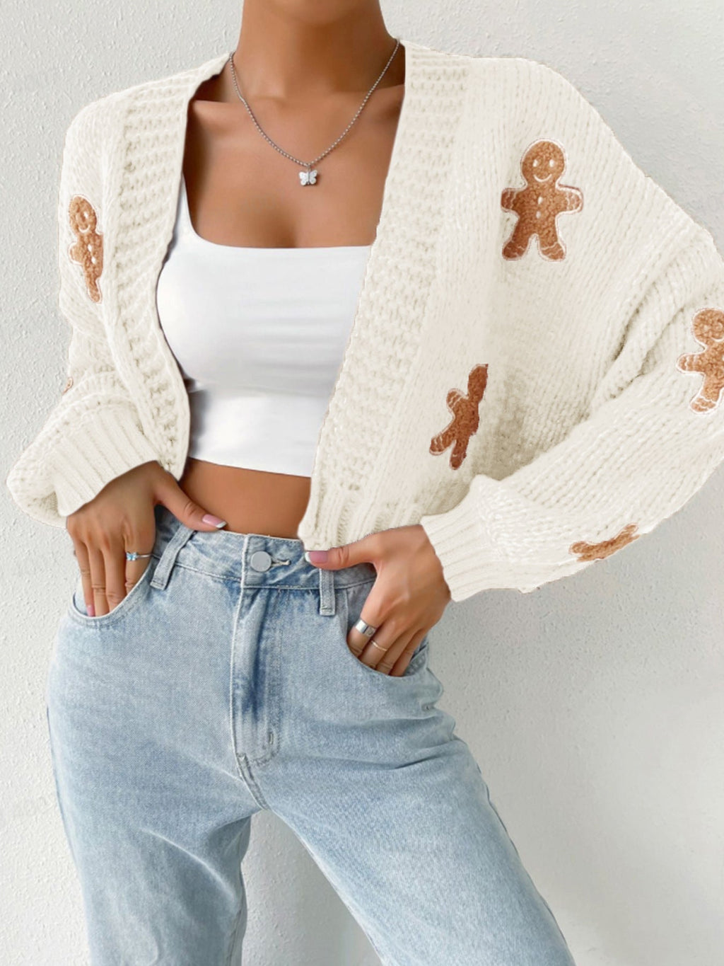 Christmas Cardigan Cropped Knit Gingerbread Open Front Ribbed Cuffs — view 5 of 8