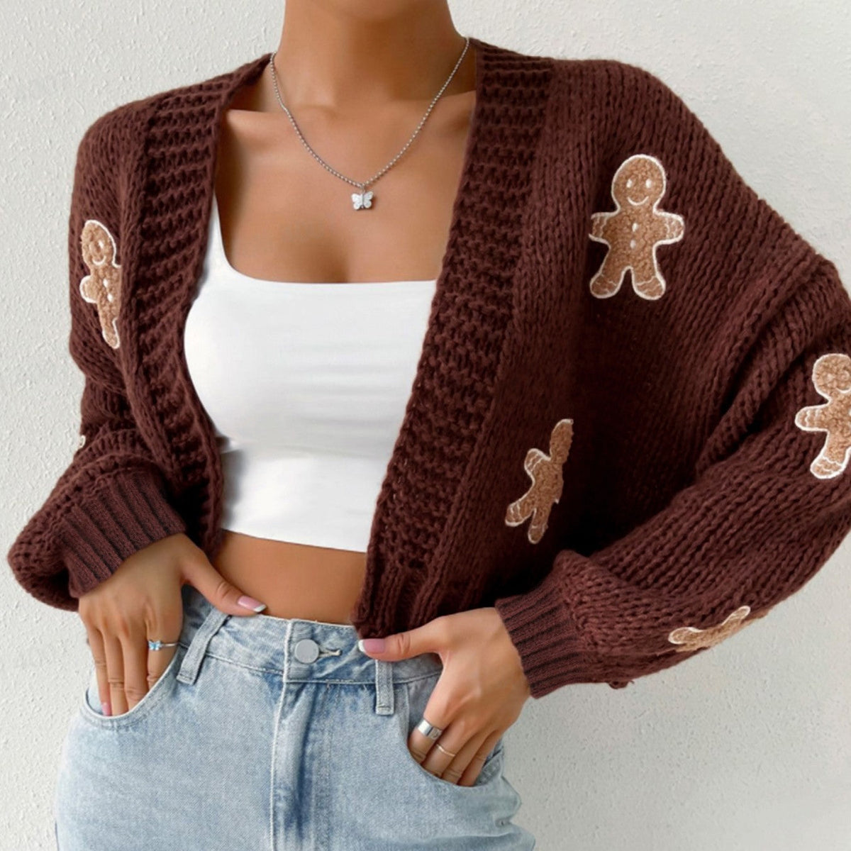 Christmas Cardigan Cropped Knit Gingerbread Open Front Ribbed Cuffs — view 8 of 8