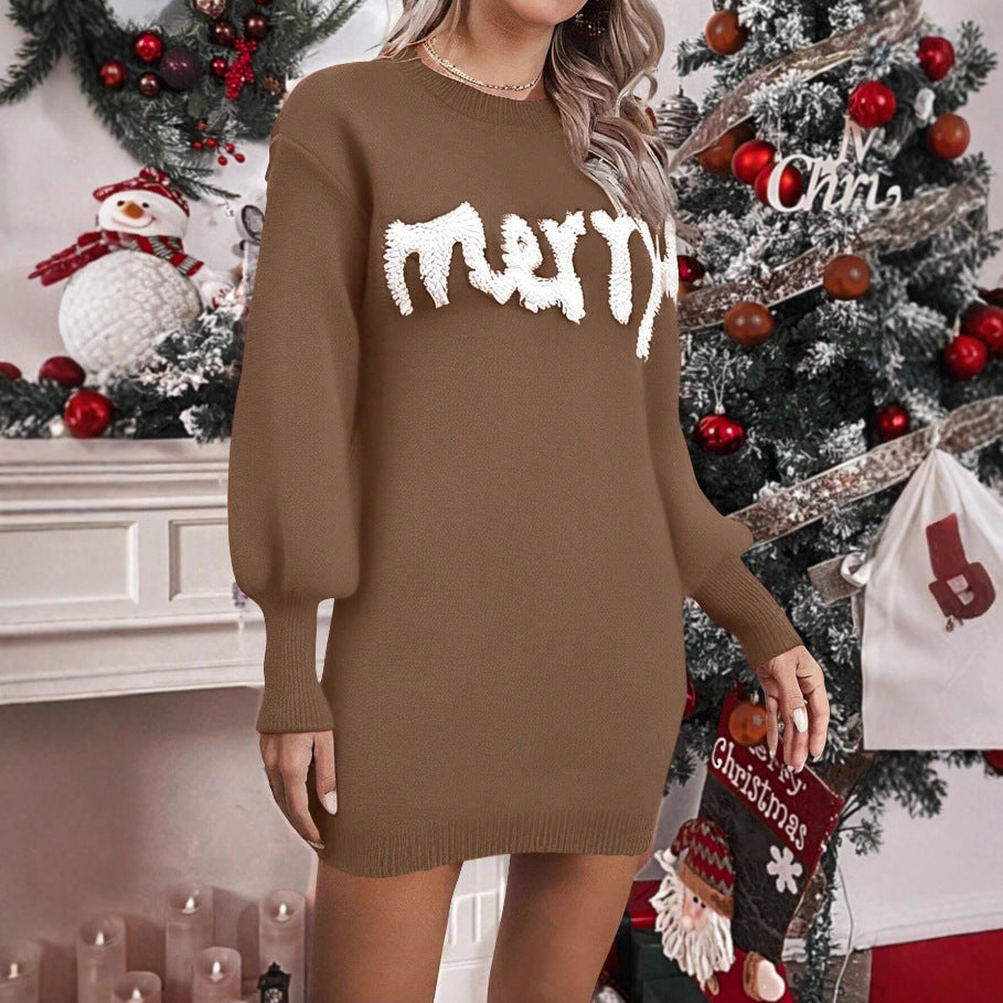 Christmas Jumper Dress Women's Crew Neck White Print Knee Length