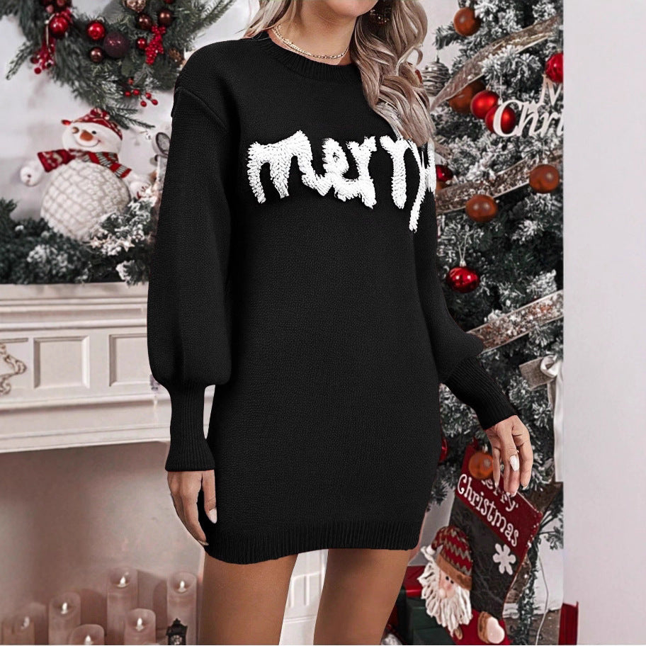 Christmas Jumper Dress Women's Crew Neck White Print Knee Length — view 2 of 6