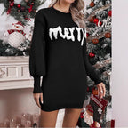 Christmas Jumper Dress Women's Crew Neck White Print Knee Length — view 2 of 6