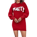 Christmas Jumper Dress Women's Crew Neck White Print Knee Length — view 3 of 6