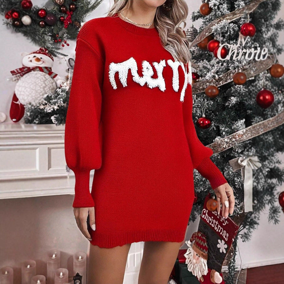 Christmas Jumper Dress Women's Crew Neck White Print Knee Length — view 4 of 6