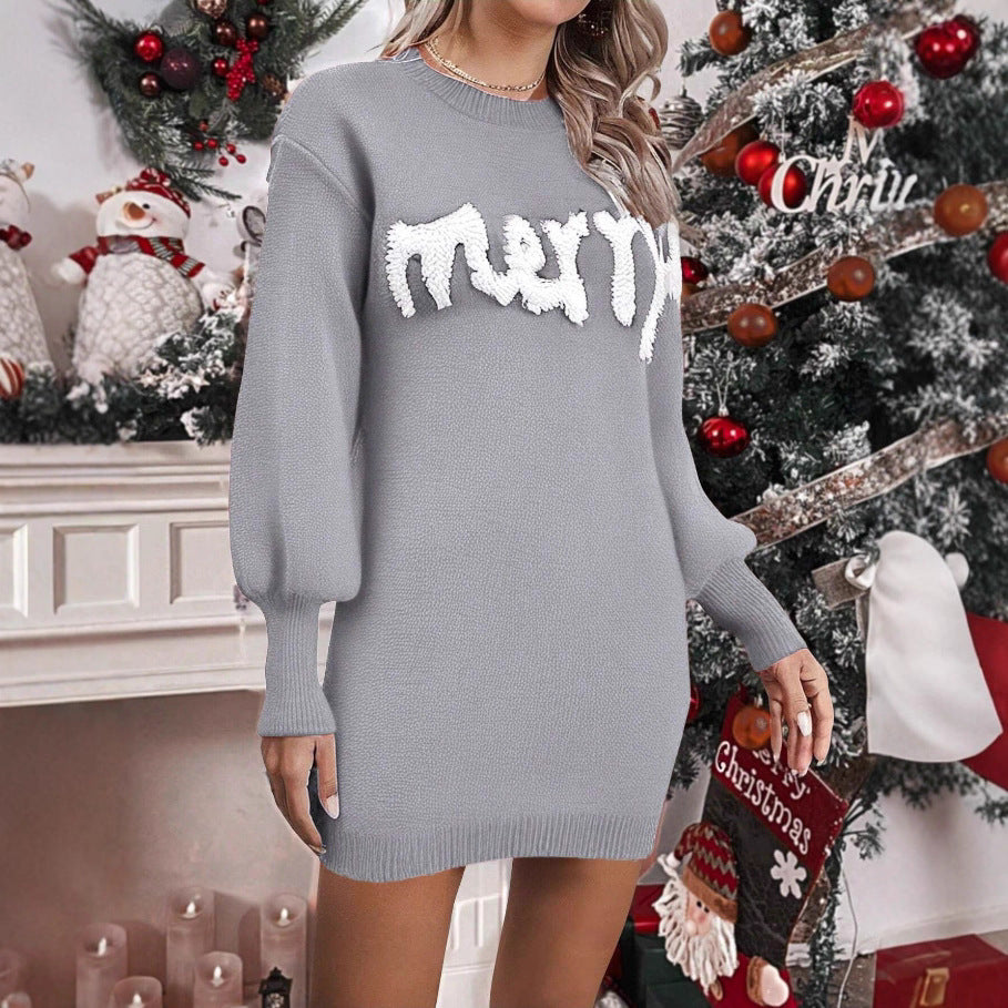 Christmas Jumper Dress Women's Crew Neck White Print Knee Length — view 5 of 6