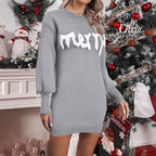 Christmas Jumper Dress Women's Crew Neck White Print Knee Length — view 5 of 6