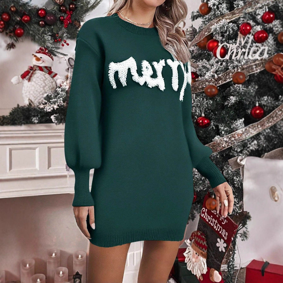 Christmas Jumper Dress Women's Crew Neck White Print Knee Length — view 6 of 6