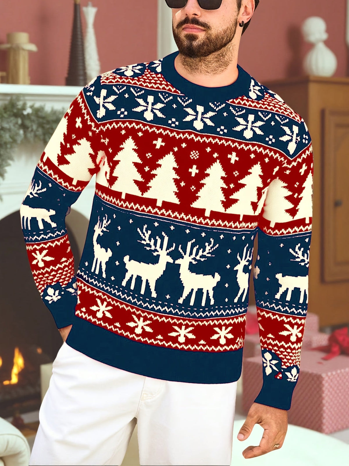 Mens Fair Isle Christmas Jumper Knitted Reindeer Print Crew Neck — view 8 of 8