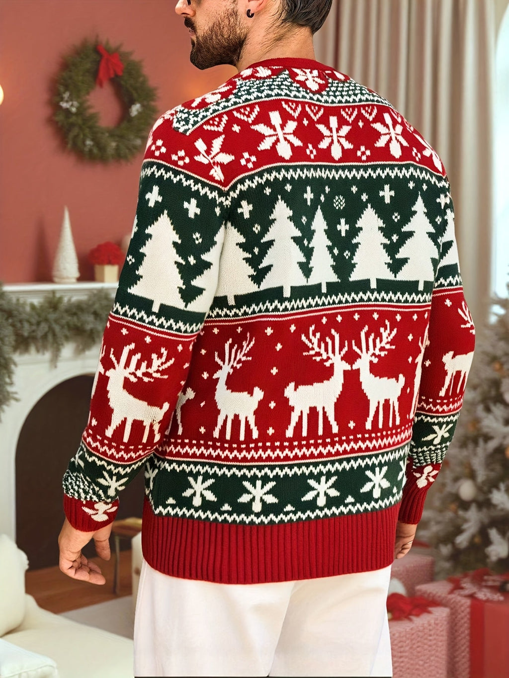 Mens Fair Isle Christmas Jumper Knitted Reindeer Print Crew Neck