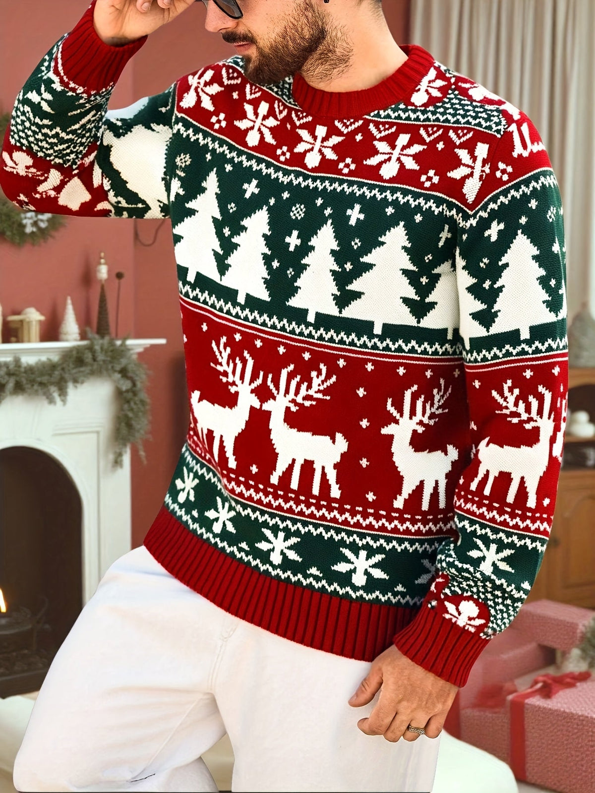 Mens Fair Isle Christmas Jumper Knitted Reindeer Print Crew Neck — view 2 of 8