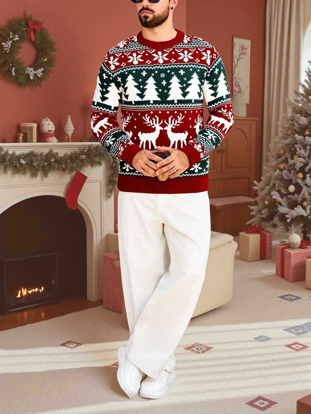 Mens Fair Isle Christmas Jumper Knitted Reindeer Print Crew Neck — view 3 of 8
