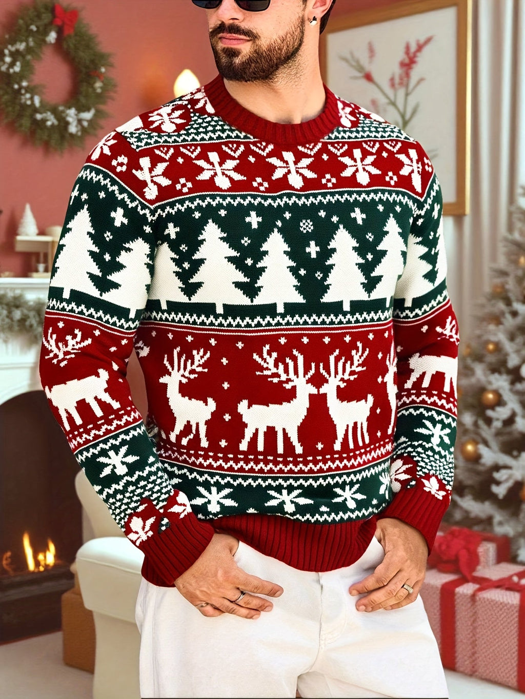 Mens Fair Isle Christmas Jumper Knitted Reindeer Print Crew Neck — view 4 of 8