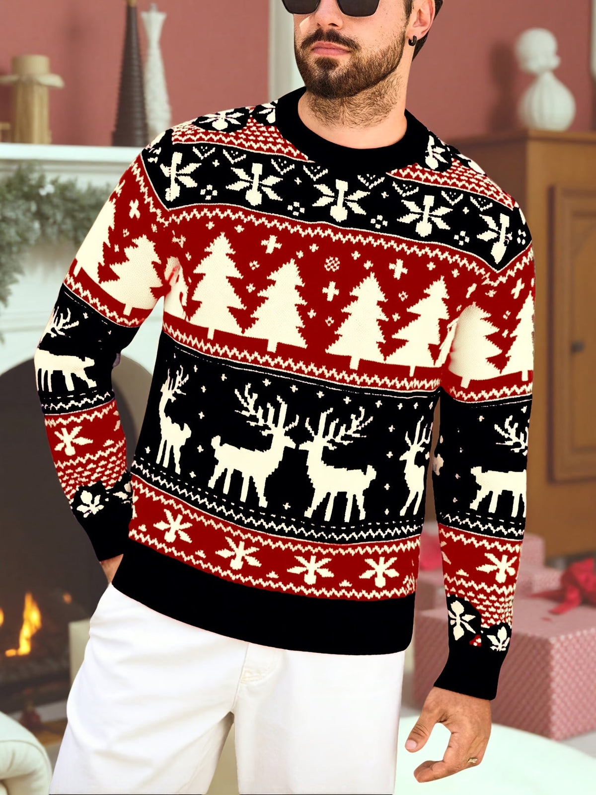 Mens Fair Isle Christmas Jumper Knitted Reindeer Print Crew Neck — view 6 of 8