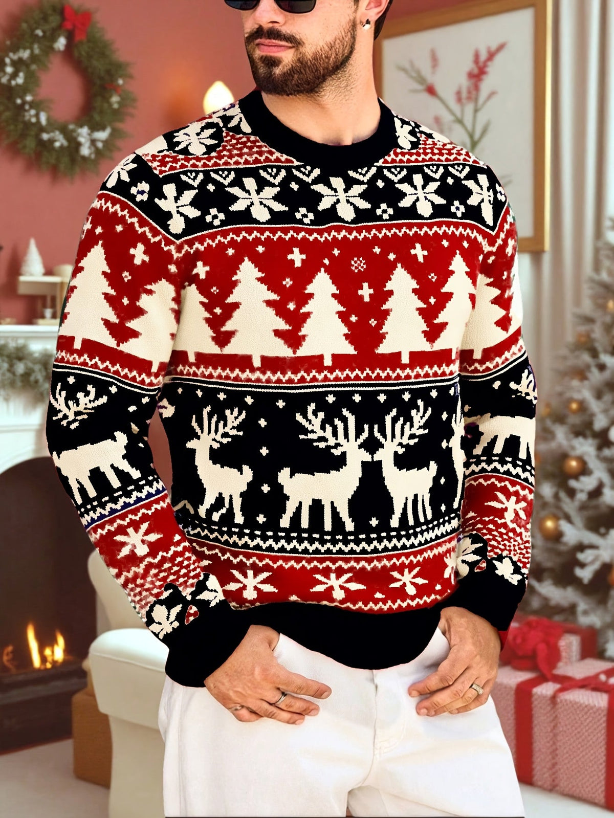 Mens Fair Isle Christmas Jumper Knitted Reindeer Print Crew Neck — view 7 of 8