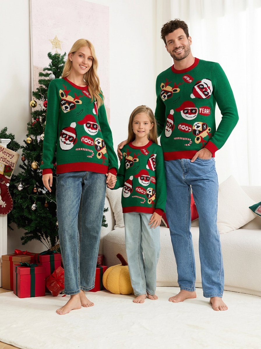 Matching Family Christmas Jumper Santa Reindeer Print Crew Neck Green — view 3 of 4
